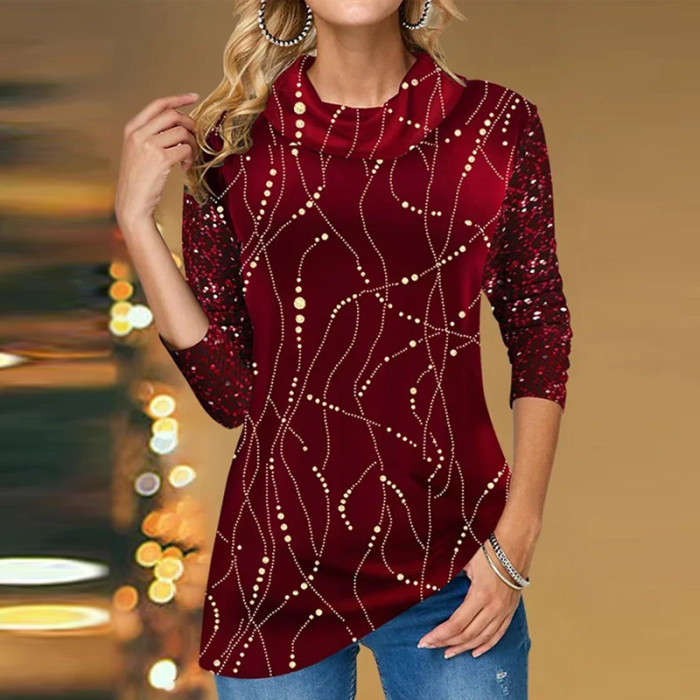 Women's Turtleneck Top Fashion Sequined Long Sleeve Printed  Blouses & Shirts
