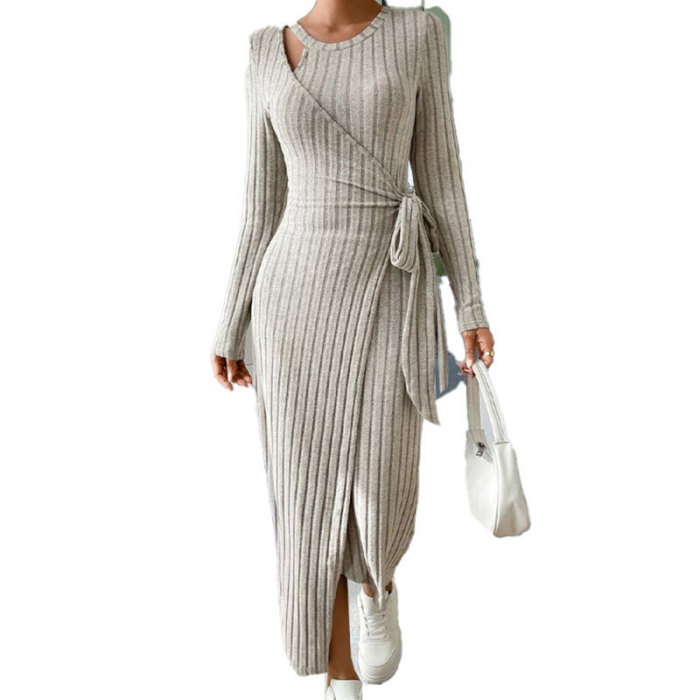 Women's Solid Color Round Neck Waist Belted Elegant Knitted Dress