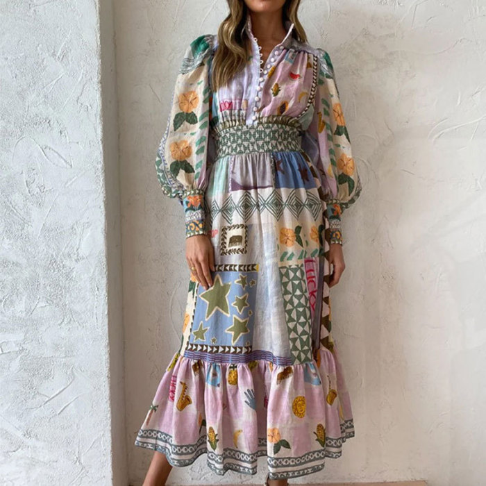 Women's Fashionable Printed Painted Long Sleeve Elegant Casual  Maxi Dress