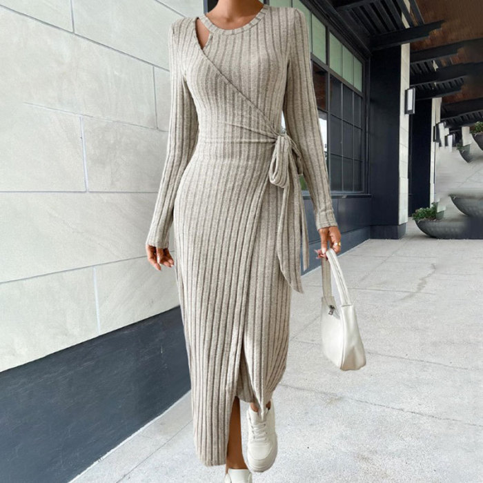 Women's Solid Color Round Neck Waist Belted Elegant Knitted Dress