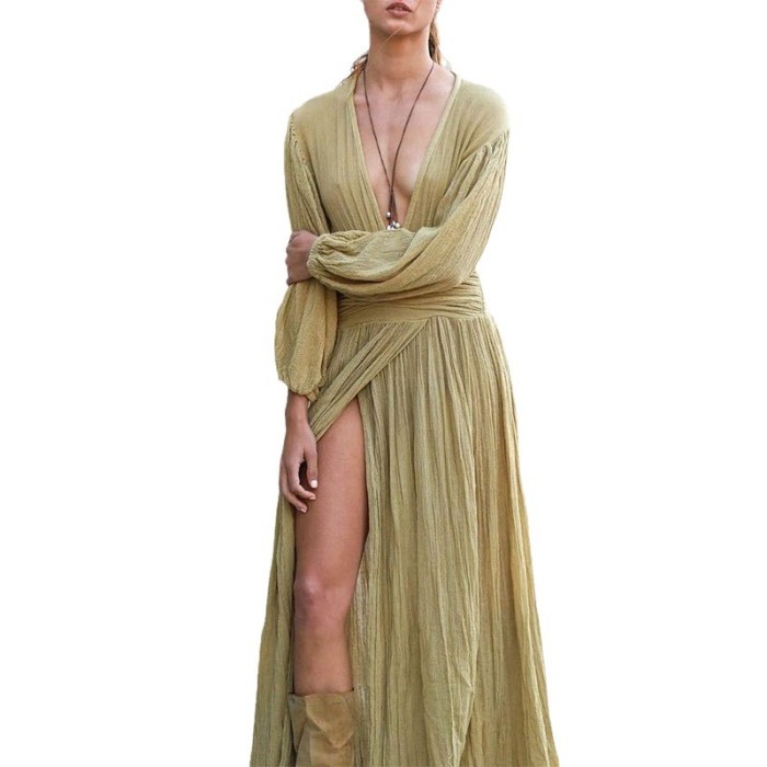 Women's Fashion Solid Color Sexy V-Neck Pleated Elegant Vacation Maxi Dress