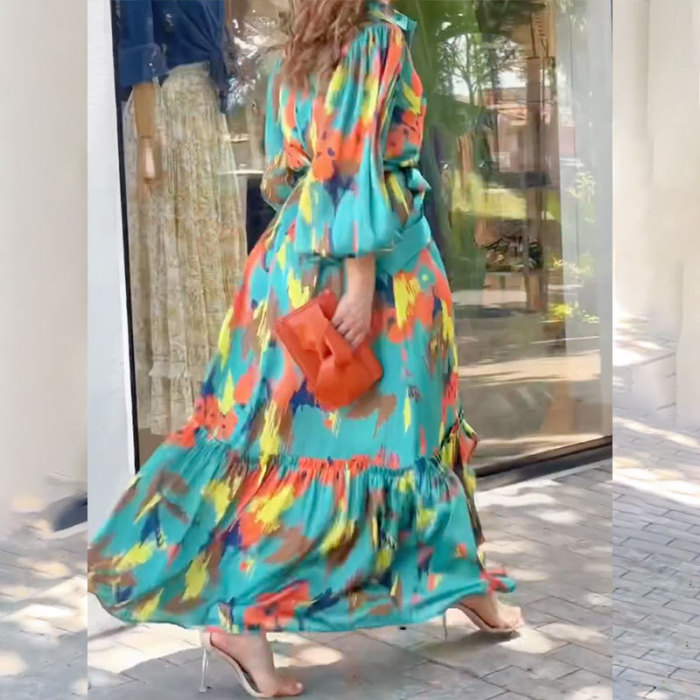 Fashionable and Elegant Commuting Waist Long Sleeve Printed  Maxi Dress