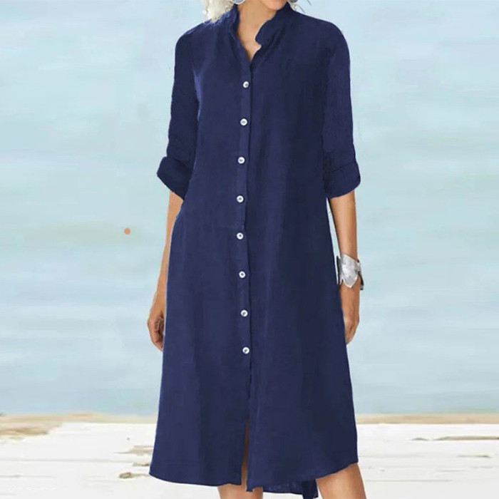 Women's Solid Color Long Sleeve Loose Fashionable Casual  Midi Dress