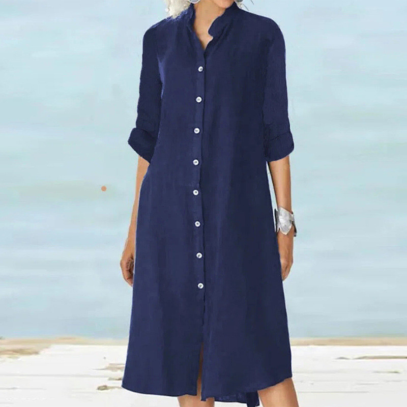 Women's Solid Color Long Sleeve Loose Fashionable Casual  Midi Dress