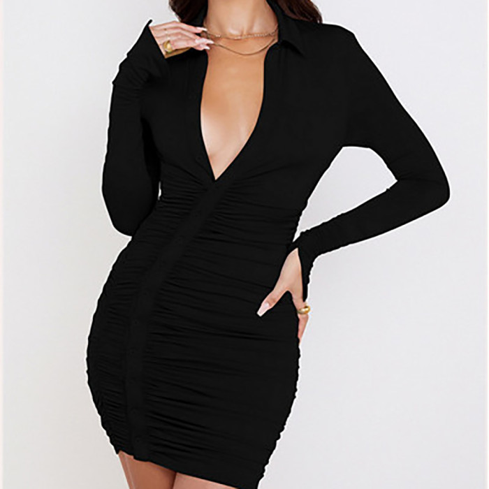 Sexy Fashion Pleated Cardigan Long Sleeved Shirt Mini Dress