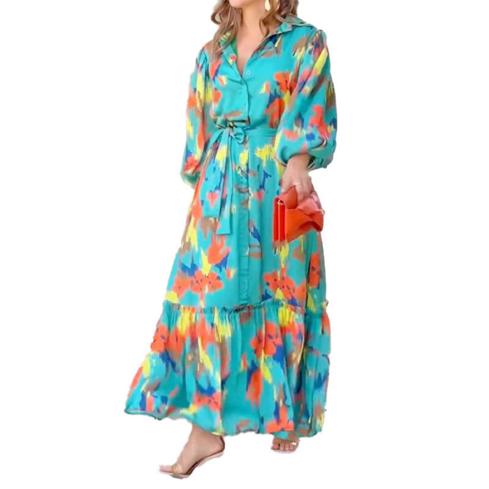 Fashionable and Elegant Commuting Waist Long Sleeve Printed  Maxi Dress