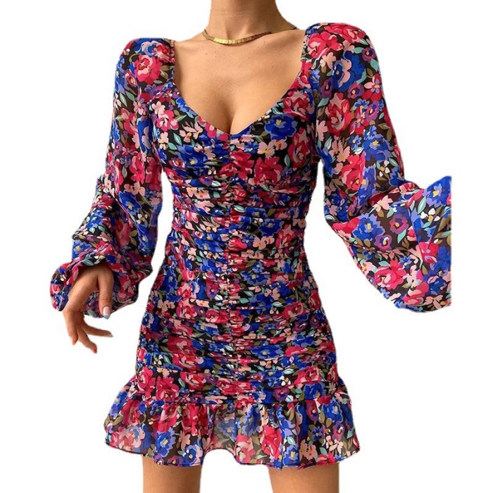 Women's Fashionable and Elegant U-neck Sexy Floral  Mini Dress
