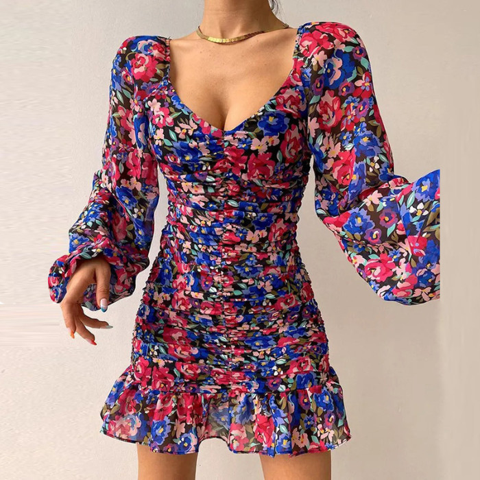 Women's Fashionable and Elegant U-neck Sexy Floral  Mini Dress