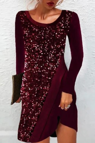 Women's Sequin Spliced Long Sleeve Elegant Round Neck Party A-Line Dress