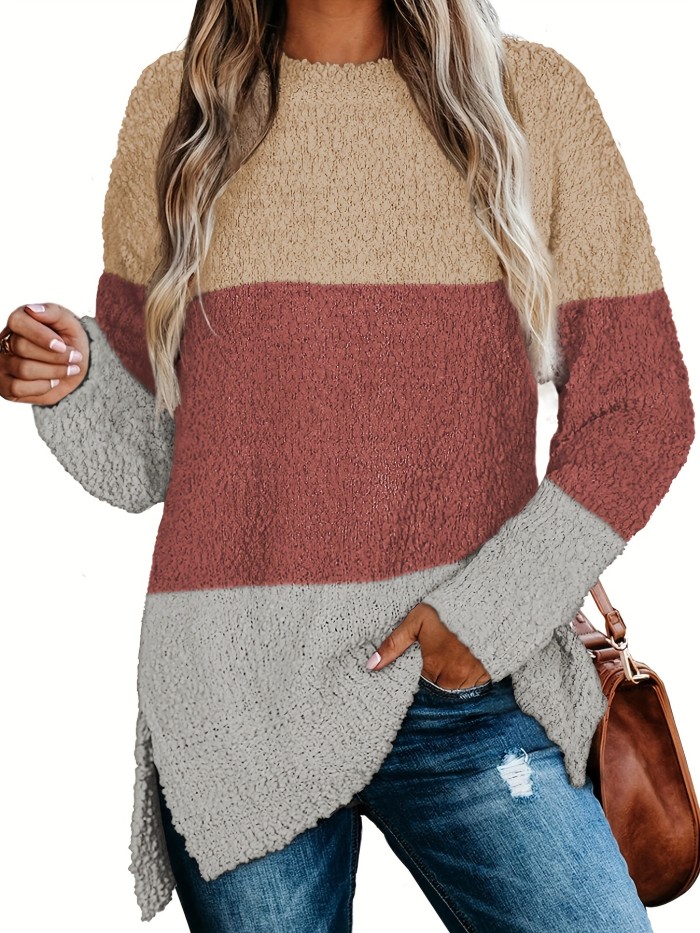 Split Hem Fuzzy Knit Sweater, Casual Color Block Long Sleeve Sweater, Women's Clothing