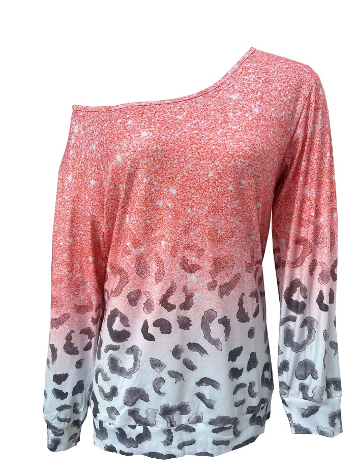 Leopard Print One Shoulder T-shirt, Casual Long Sleeve Top For Spring & Fall, Women's Clothing