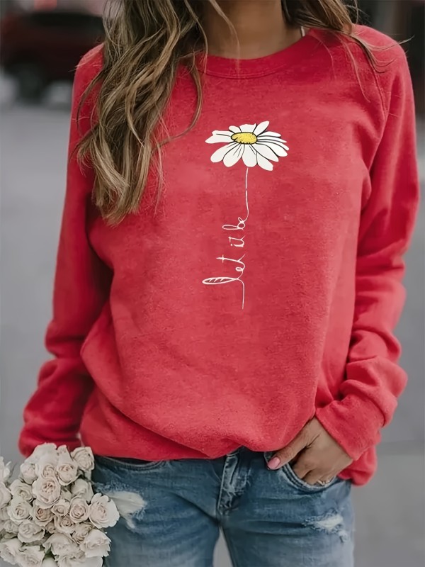 Floral Print Pullover Sweatshirt, Casual Raglan Sleeve Crew Neck Sweatshirt For Fall & Winter, Women's Clothing