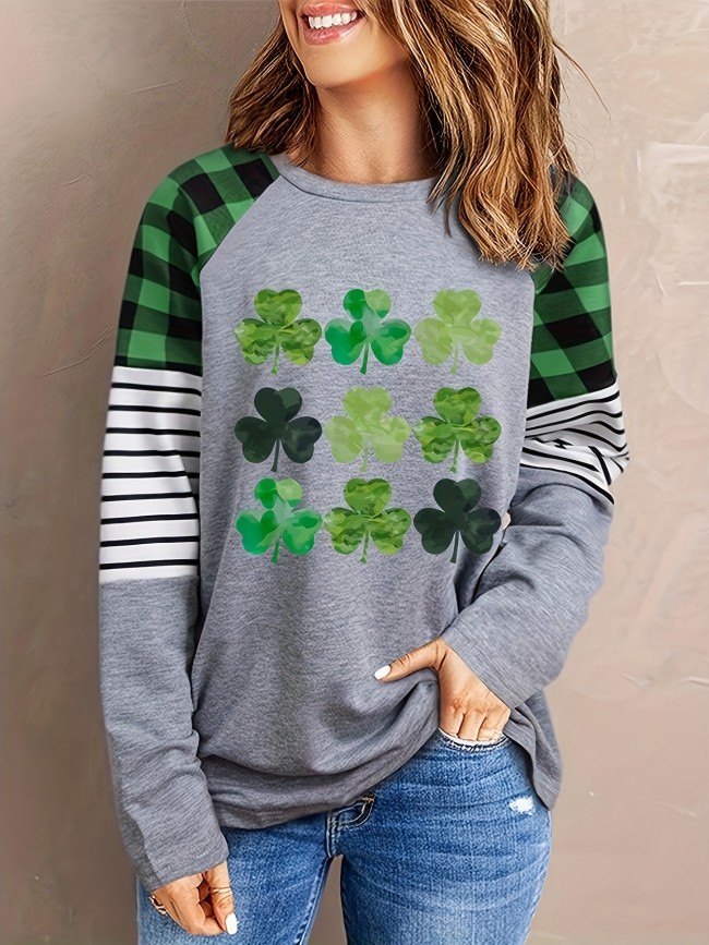 Plus Size Casual T-shirt, Women's Plus Clover Print Raglan Sleeve Round Neck Slight Stretch T-shirt