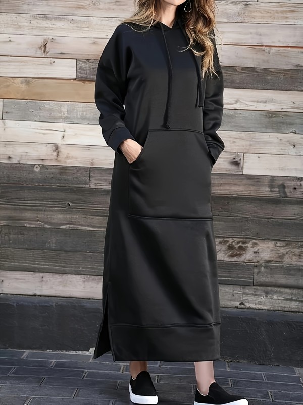 Plus Size Casual Dress, Women's Plus Solid Long Sleeve Hooded Drawstring Side Split Sweatshirt Dress With Kangaroo Pockets