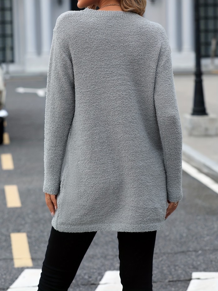 Solid Crew Neck Pullover Sweater, Casual Long Sleeve Mid Length Sweater With Pocket, Women's Clothing