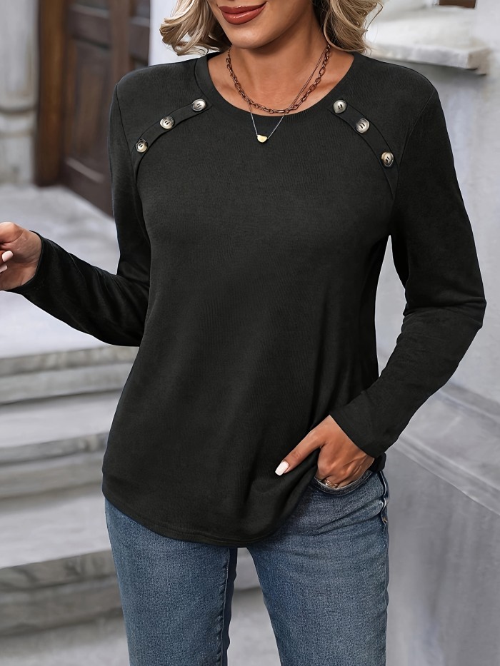 Button Decor Crew Neck T-Shirt, Casual Long Sleeve Top For Spring & Fall, Women's Clothing