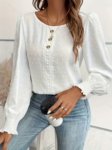 Swiss Dot Lace Stitching Blouse, Casual Long Sleeve Blouse For Spring & Fall, Women's Clothing