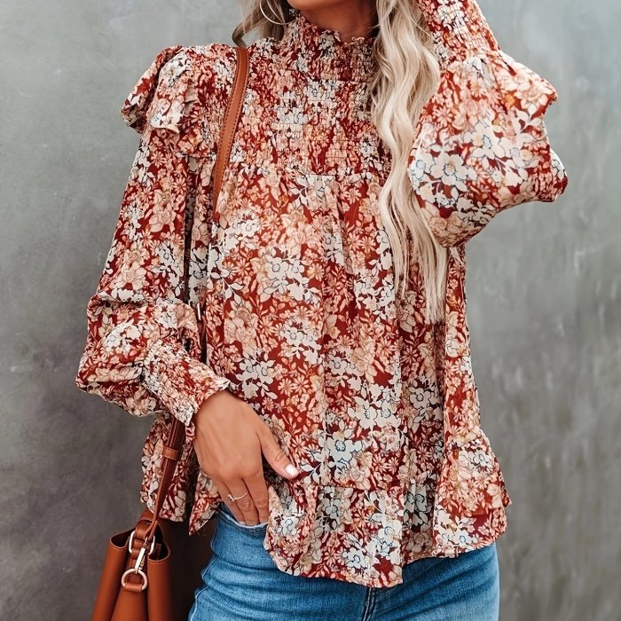Floral Print Ruffle Trim Mock Neck Blouse, Casual Long Sleeve Blouse For Spring & Fall, Women's Clothing