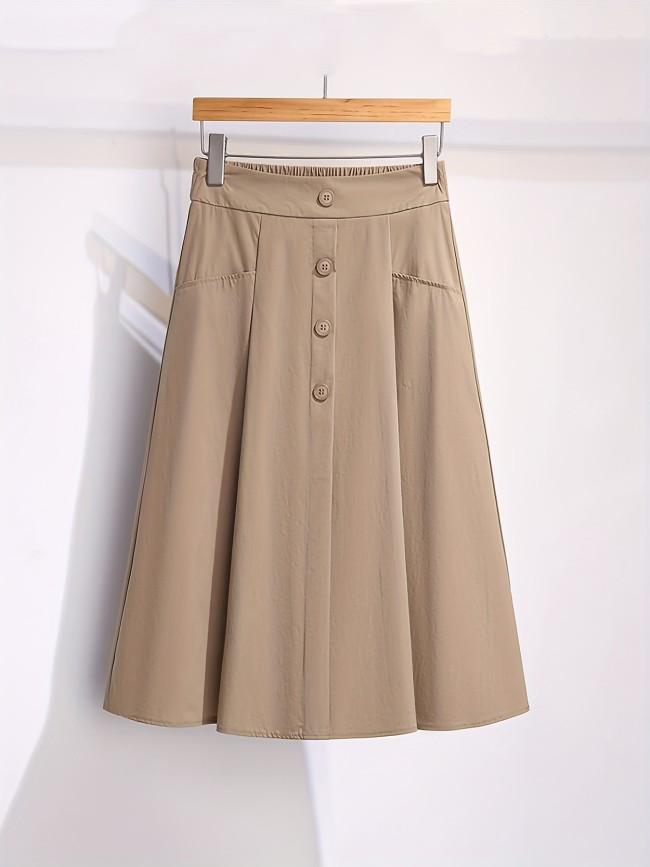 Solid Button Front Midi Skirt, Casual Elastic Waist Simple Pleated Skirt, Women's Clothing