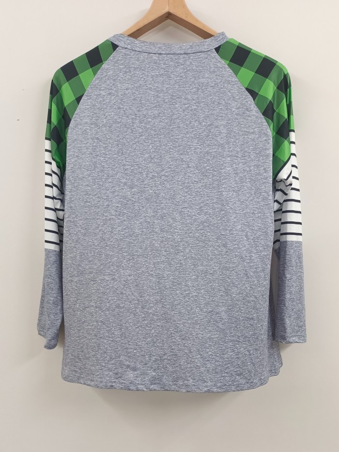 Plus Size Casual T-shirt, Women's Plus Clover Print Raglan Sleeve Round Neck Slight Stretch T-shirt