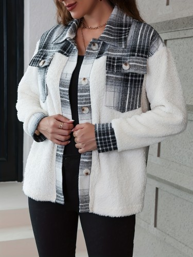 Plaid Splicing Fall & Winter Jacket, Casual Button Front Long Sleeve Outerwear, Women's Clothing