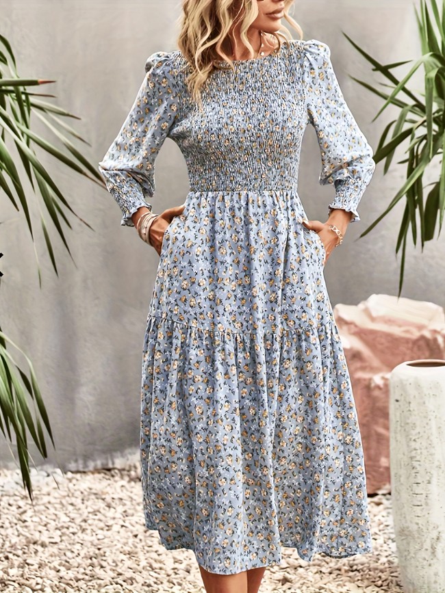 Floral Print Shirred Dress, Casual Crew Neck Long Sleeve Midi Dress, Women's Clothing