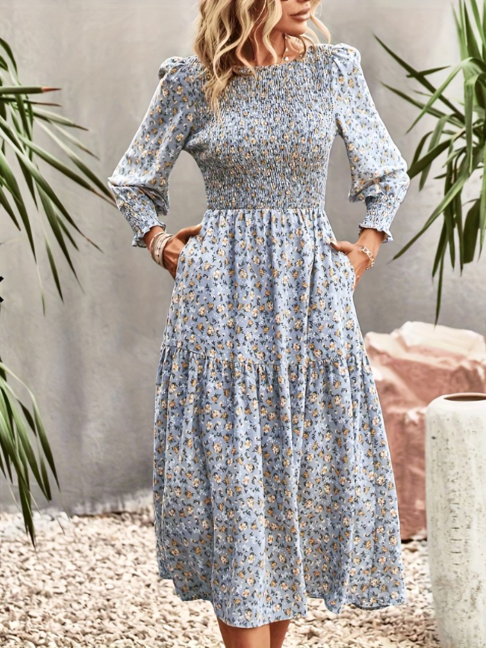 Floral Print Shirred Dress, Casual Crew Neck Long Sleeve Midi Dress, Women's Clothing