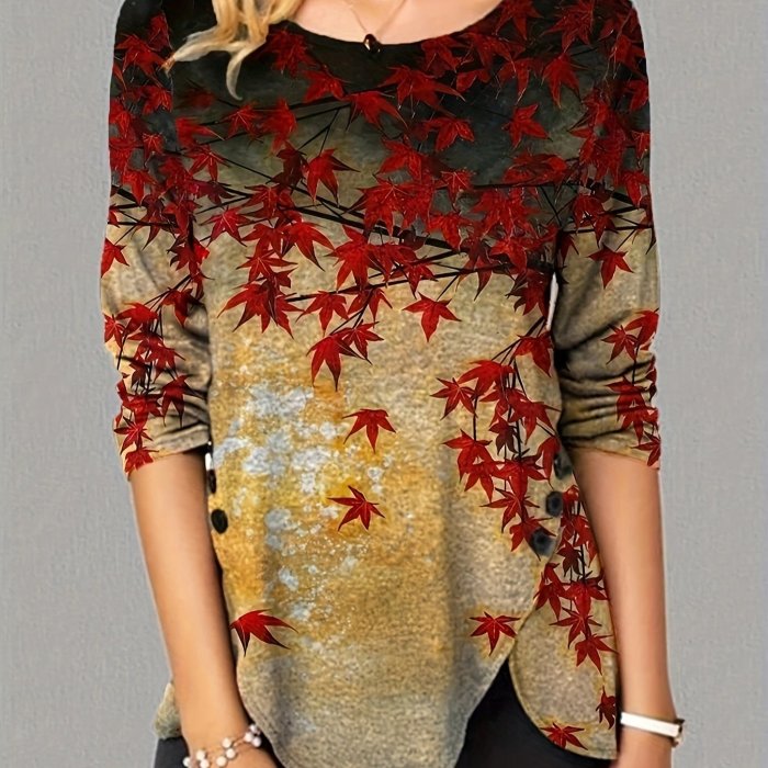 Leaf Print Crew Neck T-Shirt, Casual Long Sleeve Top For Spring & Fall, Women's Clothing