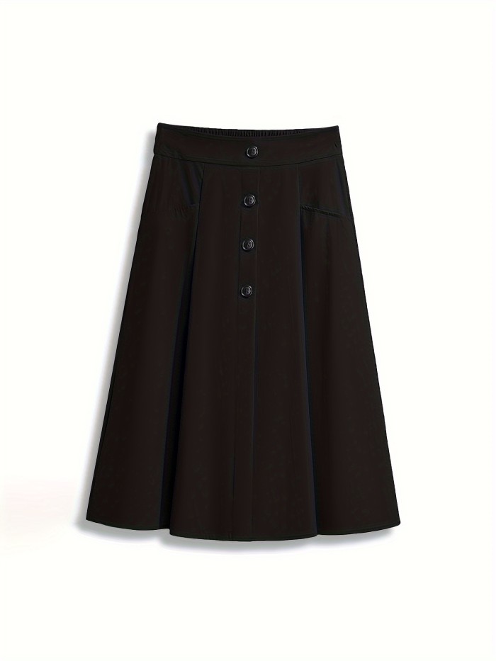 Solid Button Front Midi Skirt, Casual Elastic Waist Simple Pleated Skirt, Women's Clothing