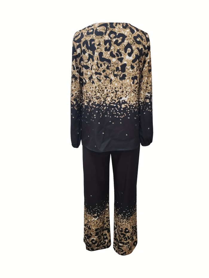 Leopard Print Two-piece Set, Elegant Long Sleeve Crew Neck Top & Wide Leg Pants Outfits, Women's Clothing