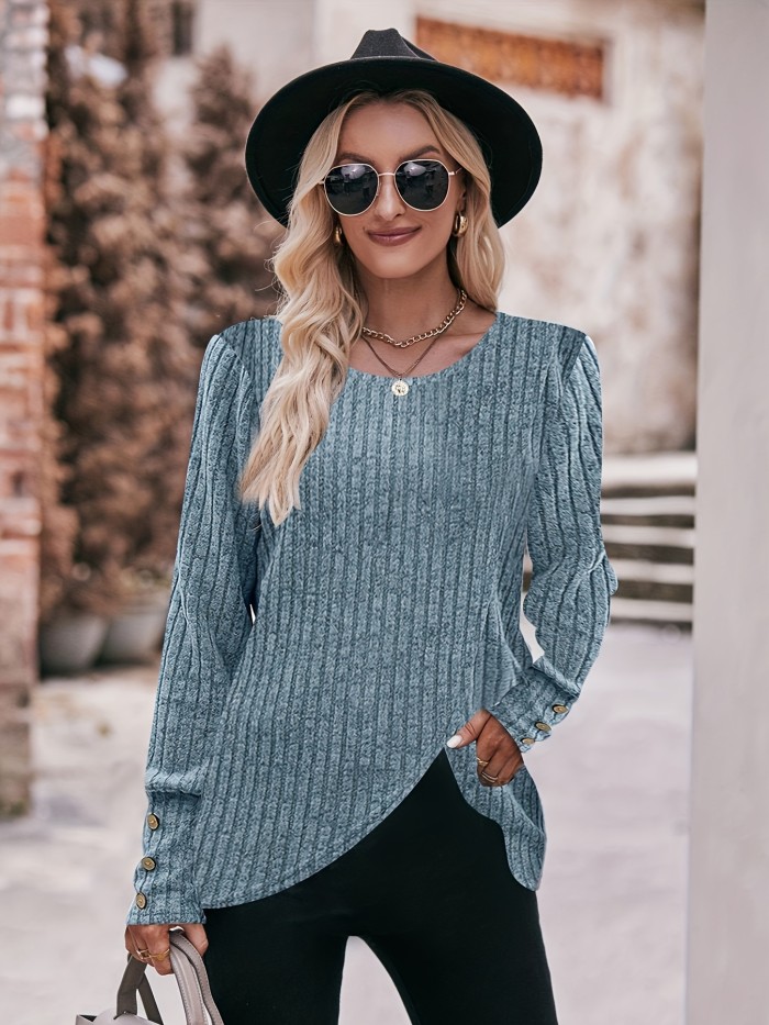 Solid Crew Neck Rib Knit Top, Elegant Long Sleeve Asymmetrical Sweater For Spring &f All, Women's Clothing