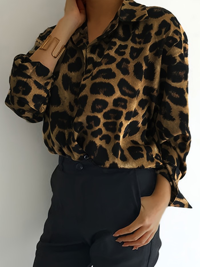 Leopard Print Button Front Shirt, Casual Long Sleeve Shirt For Spring & Fall, Women's Clothing