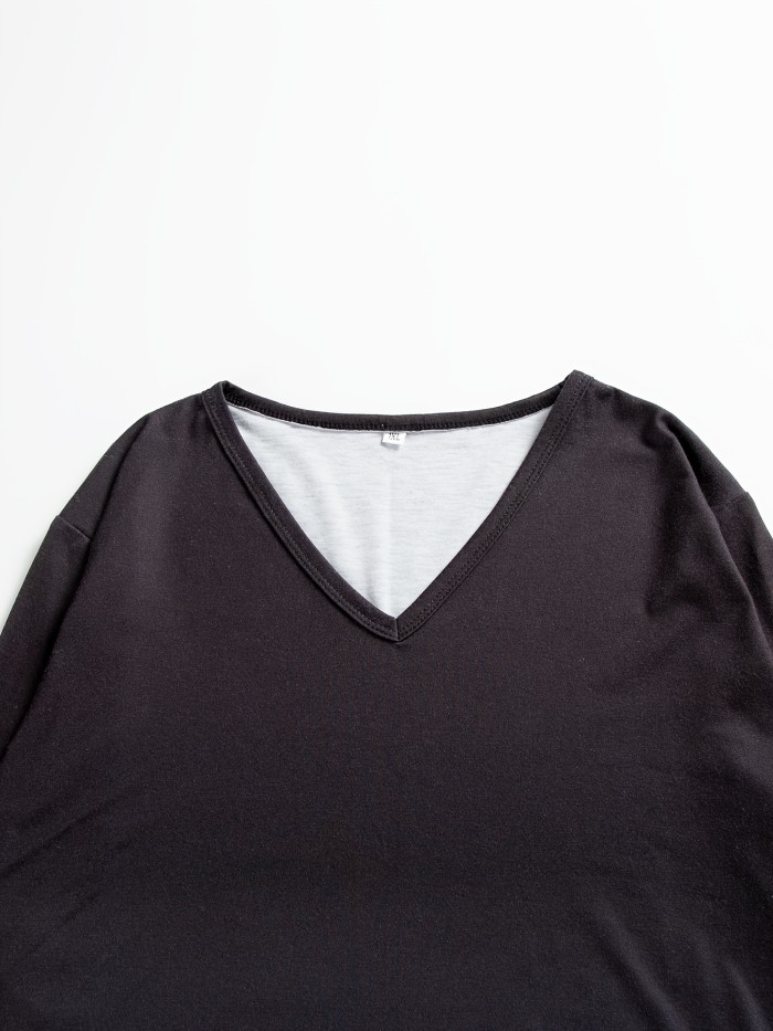Plus Size Casual T-shirt, Women's Plus Ombre Long Sleeve V Neck Medium Stretch T-shirt