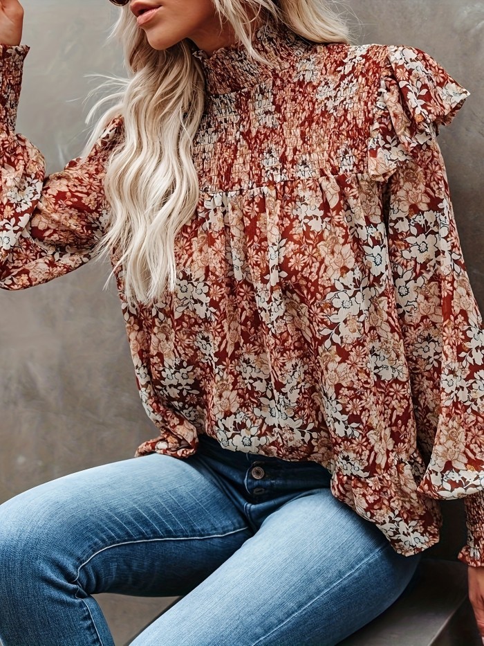 Floral Print Ruffle Trim Mock Neck Blouse, Casual Long Sleeve Blouse For Spring & Fall, Women's Clothing