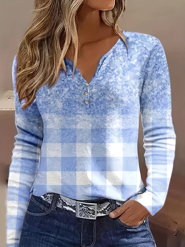 Plaid Print V Neck T-shirt, Casual Long Sleeve Button Decor Top For Spring & Fall, Women's Clothing