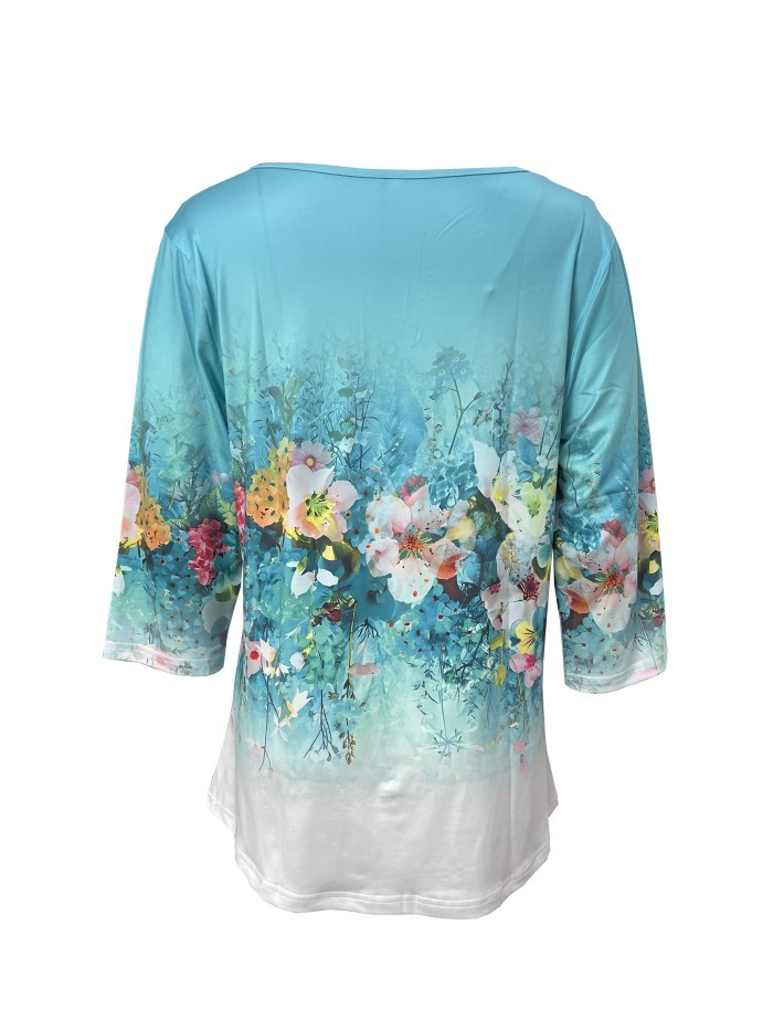 Floral Print Button Front T-Shirt, Casual Three-quarter Sleeve Top For Spring & Fall, Women's Clothing