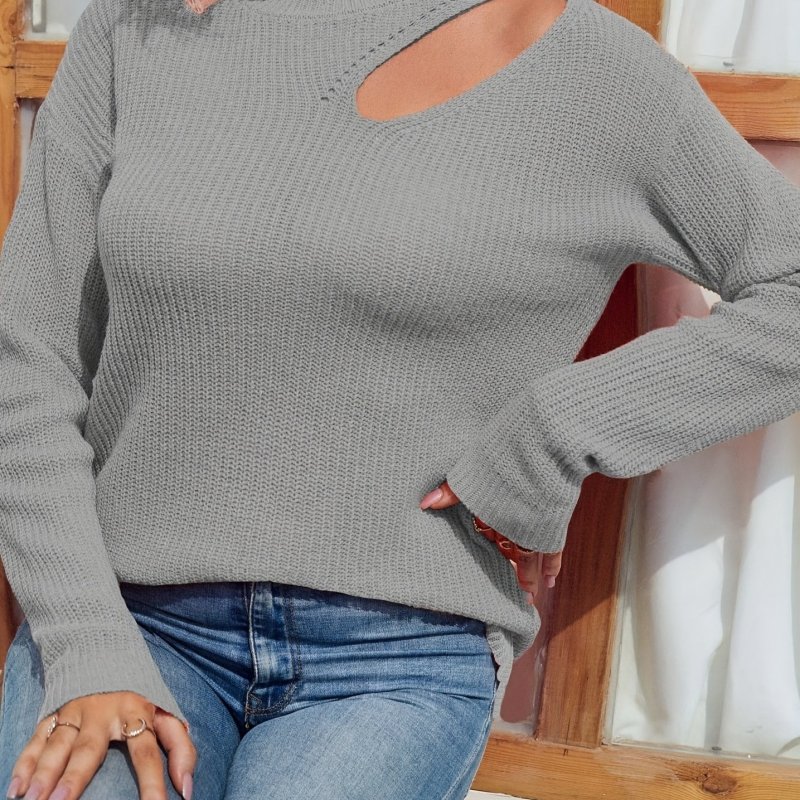 Solid Mock Neck Pullover Sweater, Casual Cut Out Long Sleeve Loose Sweater, Women's Clothing