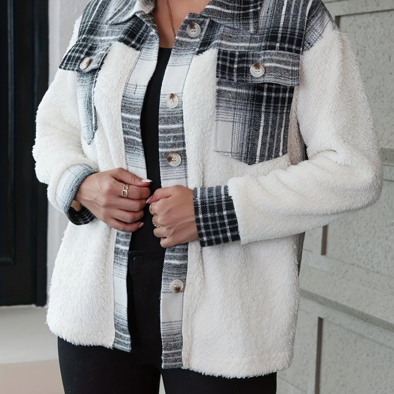 Plaid Splicing Fall & Winter Jacket, Casual Button Front Long Sleeve Outerwear, Women's Clothing