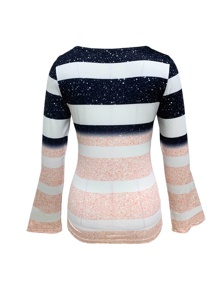 Colorblock Stripe Print T-Shirt, Casual Long Sleeve Top For Spring & Fall, Women's Clothing