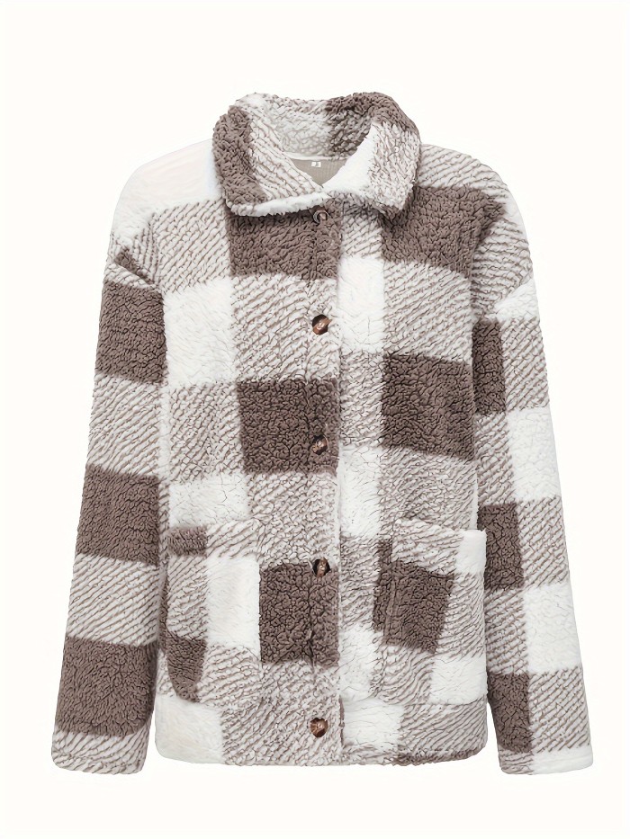 Plaid Teddy Fall & Winter Jacket, Casual Button Front Long Sleeve Outerwear, Women's Clothing
