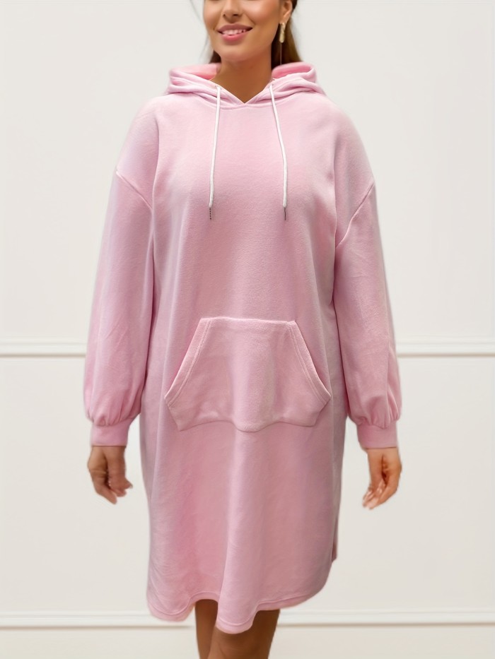 Plus Size Casual Dress, Women's Plus Solid Long Sleeve Hooded Drawstring Loose Fit Sweatshirt Dress With Kangaroo Pockets