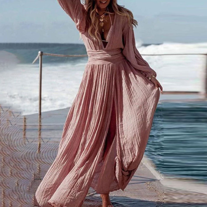 Women's Fashion Solid Color Sexy V-Neck Pleated Elegant Vacation Maxi Dress