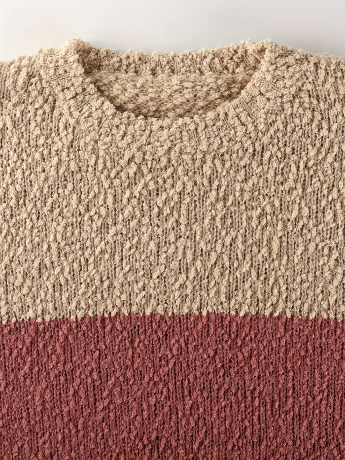 Split Hem Fuzzy Knit Sweater, Casual Color Block Long Sleeve Sweater, Women's Clothing