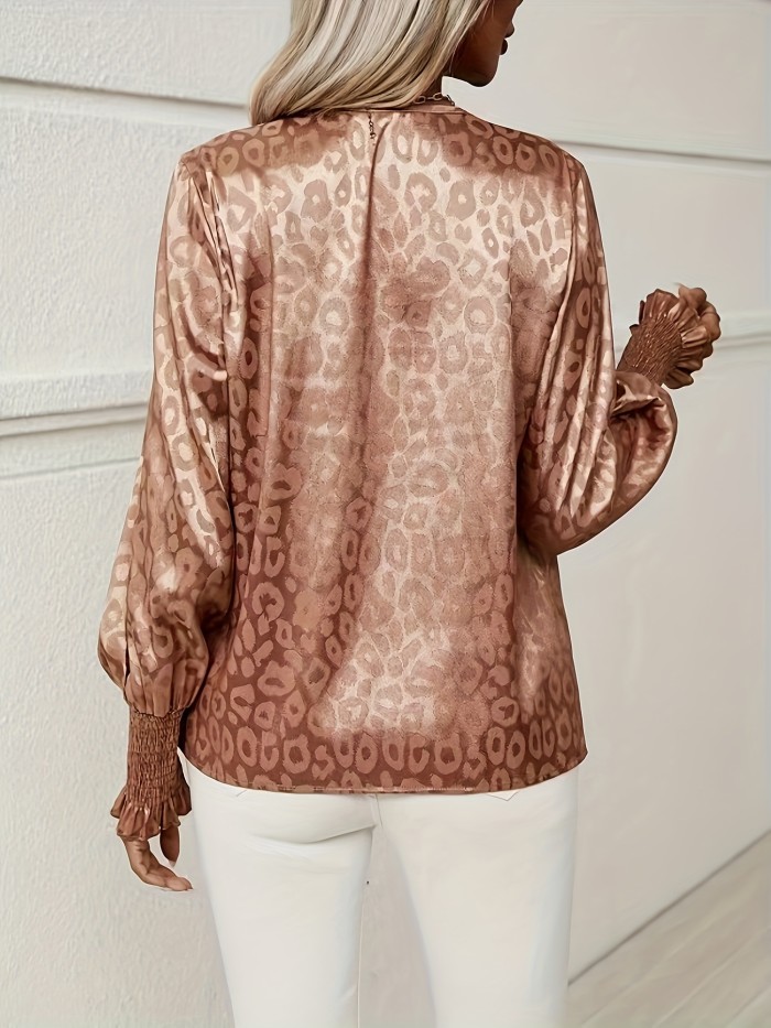 Leopard Pattern V-neck Blouse, Versatile Lantern Sleeve Blouse For Spring & Fall, Women's Clothing
