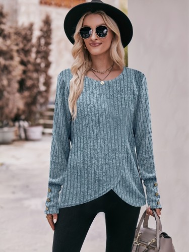 Solid Crew Neck Rib Knit Top, Elegant Long Sleeve Asymmetrical Sweater For Spring &f All, Women's Clothing