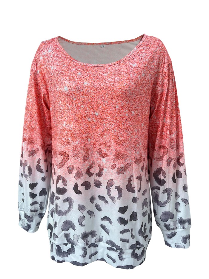 Leopard Print One Shoulder T-shirt, Casual Long Sleeve Top For Spring & Fall, Women's Clothing