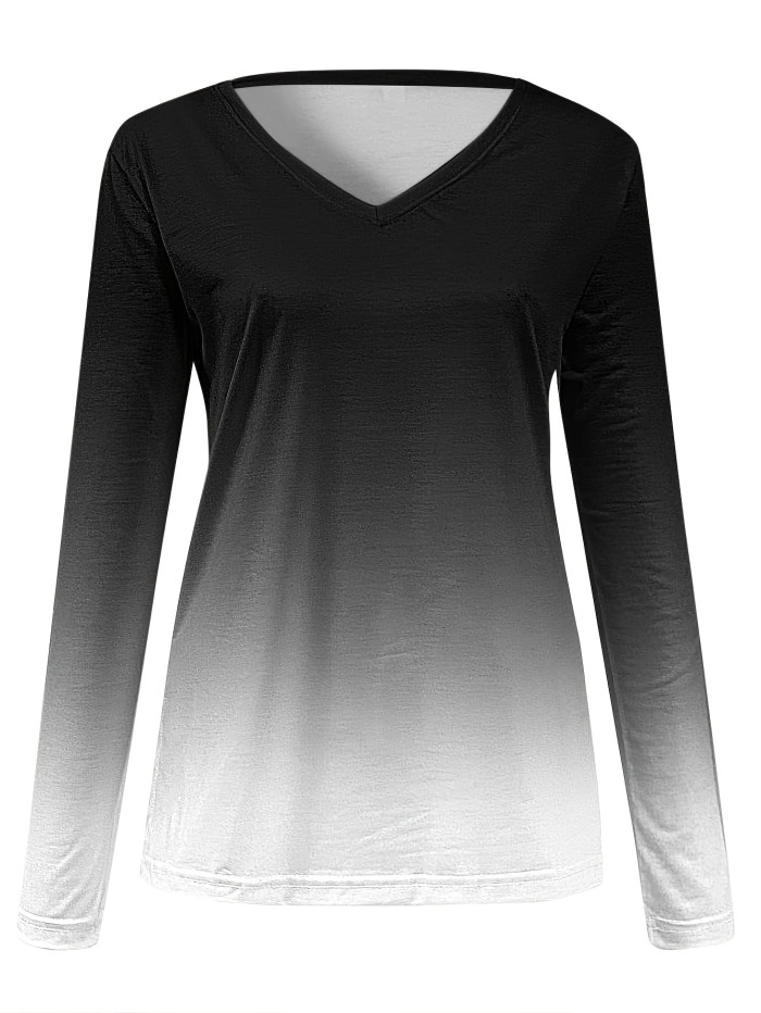 Plus Size Casual T-shirt, Women's Plus Ombre Long Sleeve V Neck Medium Stretch T-shirt