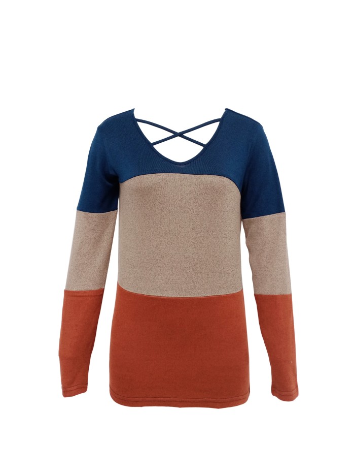 Color Block Crisscross V Neck T-Shirt, Casual Long Sleeve T-Shirt For Spring & Fall, Women's Clothing