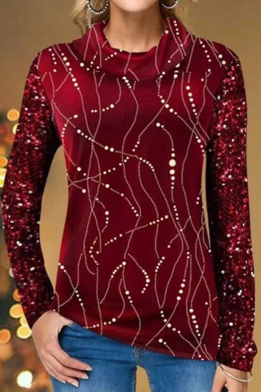 Women's Turtleneck Top Fashion Sequined Long Sleeve Printed  Blouses & Shirts