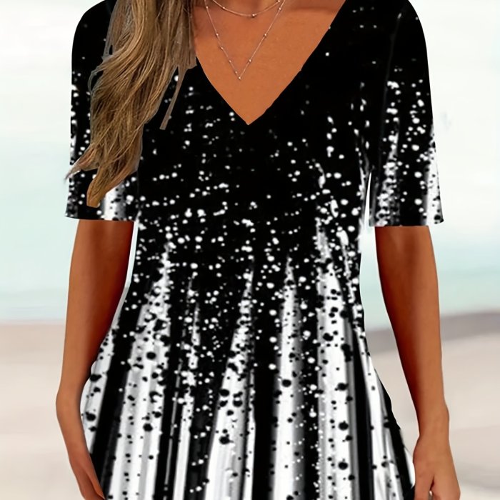 Casual Gradient Print V Neck Short Sleeve Blouse